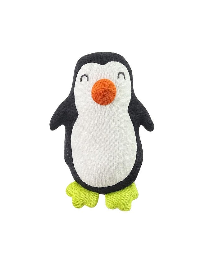 Pluchi Snowy Penguin Knitted Cotton Soft Toy, Perfect for Cots and Play Time (Black, Ivory & Neon) - Image 1